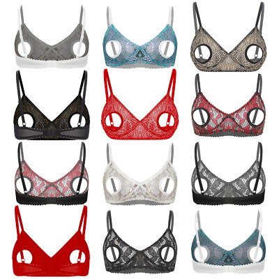 Women's Lace Sheer Open Nipple Bra Underwear Wireless Plunge Bralette Hollow Bra