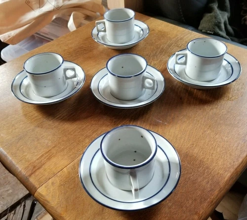 Vintage Dansk Blue Mist Square Handle Mugs/Saucers-Set of 5 EXCELLENT CONDITION!