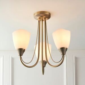 3 Way Light Semi Flush Ceiling Fitting Antique Brass Frosted Glass