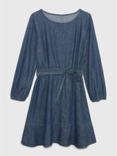 New GAP Women Indigo Blue Belted Cotton Denim Long Sleeve Flounce Mini Dress 4