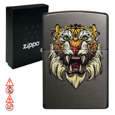 Zippo Benzinfeuerzeug Sabretooth Tiger Geschenkbox Feuerzeuge grau Benziner