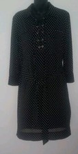 TAHARI Black&White Polka Dot LS Lined Tie V-neck  Knee Length Dress Sz 10