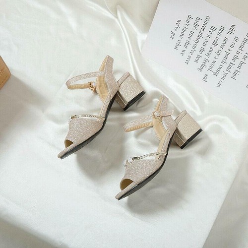 Paillettes sandali donna decolte scarpe tacco a blocco punta aperta fibbia perline moda - Foto 5 di 14