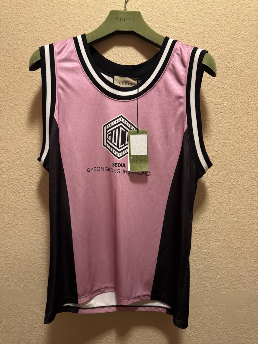 New Gucci Logo Basketball Tank Top Jersey Pink Black Size S