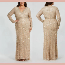 NWT MAC DUGGAL  16W  94074 Embellished Fringe Long Sleeve Gown Nude Gold S1609