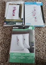 3 Pairs Stamped Pillowcases Mustache  Lips , Pink Passion, Paisley Rose Embroid