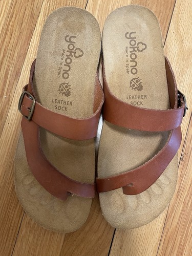 Yokono Sandals Womens 9 Ibiza Casual Toe Loop Buckle Slide Brown Leather Flats