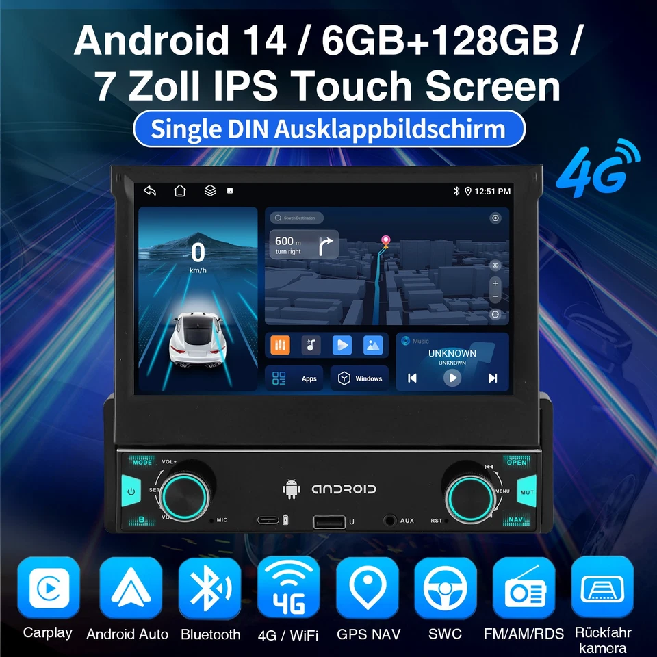 1 DIN Autoradio 7 Zoll Apple Carplay Android 14 Auto 6+128G USB AUX +DAB 4G WIFI - Bild 2 von 4
