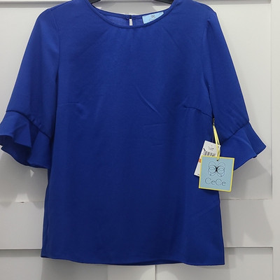 CeCe S Blue Solid Ruffle Short Sleeve Round Neck Button Woven Blouse 