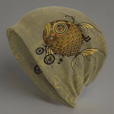 Beanie Skully Cap Steampunk Fish Design Reversible Stretch