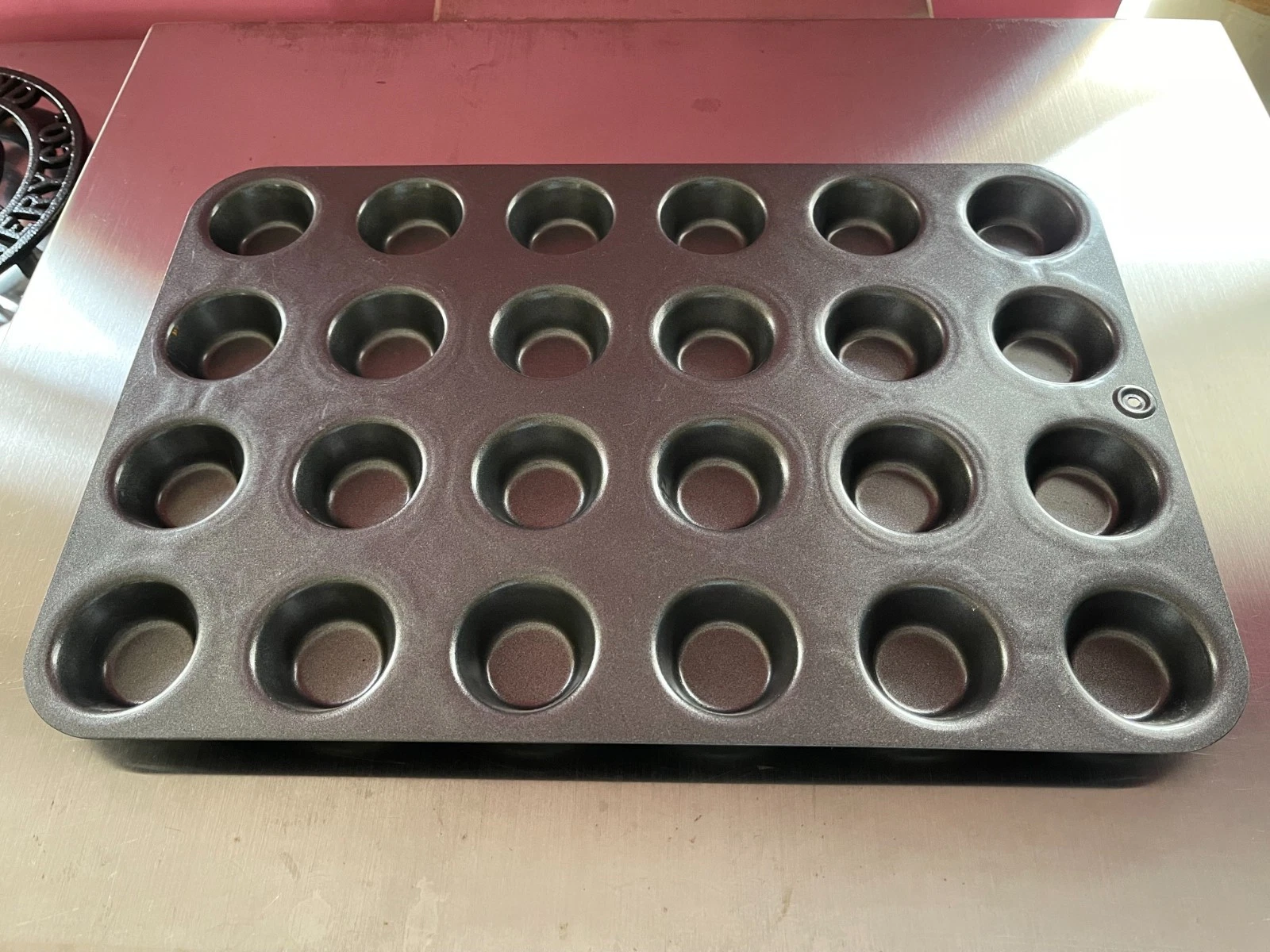 The Pampered Chef, 24 Mini Muffin Pan Baking Tin. Metal, seldom used.