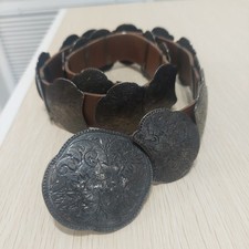 Vintage Navajo Heavy Concho Handmade Etched Silver Tone / Leather Belt 34"