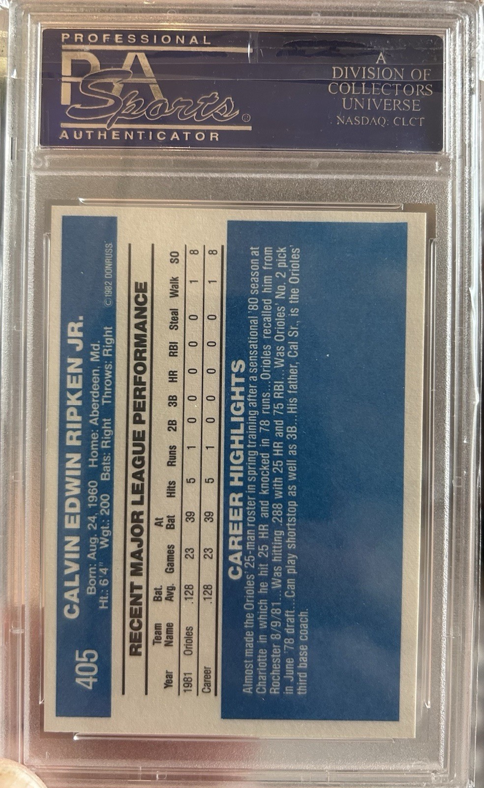 1982 Donruss #405 Cal Ripken Jr Rookie PSA 9 RC Baltimore Orioles view 2