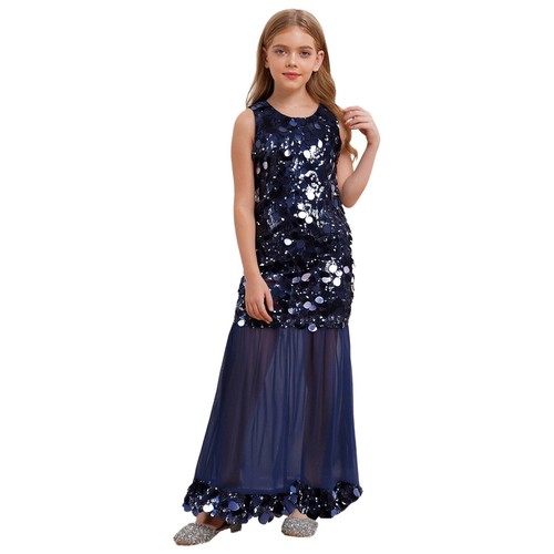 Kids Girls Sparkly Sequin Twirl Dress A Line Sleeveless Wedding Pageant Party - Picture 4 of 38