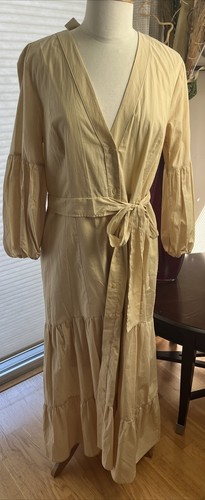 Anthropologie Maeve Oatmeal Cream  Color Long Midi 3/4 Puff Sleeve Dress Sz 16 - Picture 2 of 24