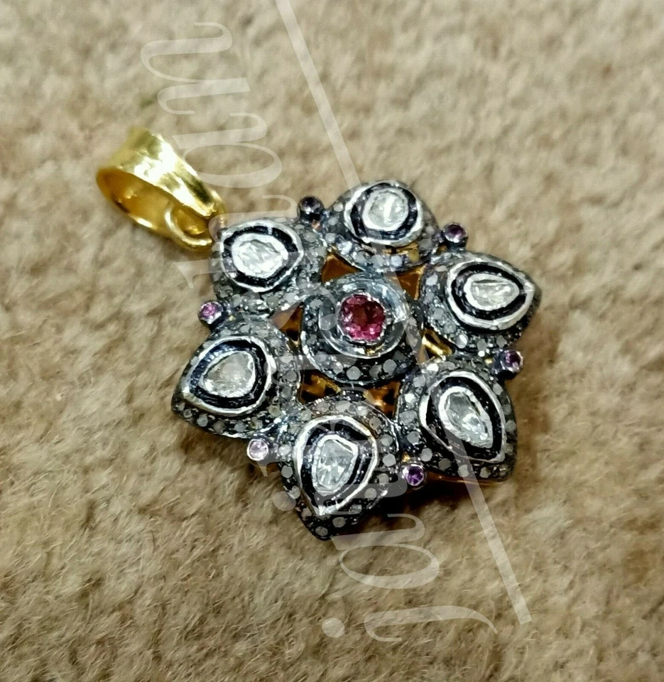Tormalina Gemma Ciondolo Polki Diamante 925 Sterling Argento Vintage Gioielli - Immagine 2 di 4