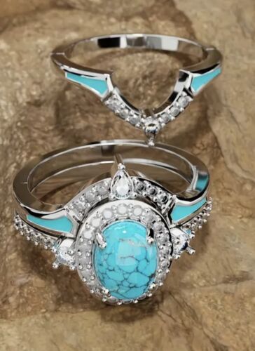 Size 8 (3) Piece Stacking Ring Set Rhinestone Silver Tone Bohemian Style Jewelry