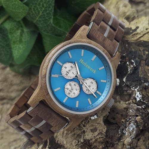 Holzwerk SOLTAU Herren Holz Armband Uhr Chronograph, braun, blau, silber - Picture 3 of 7