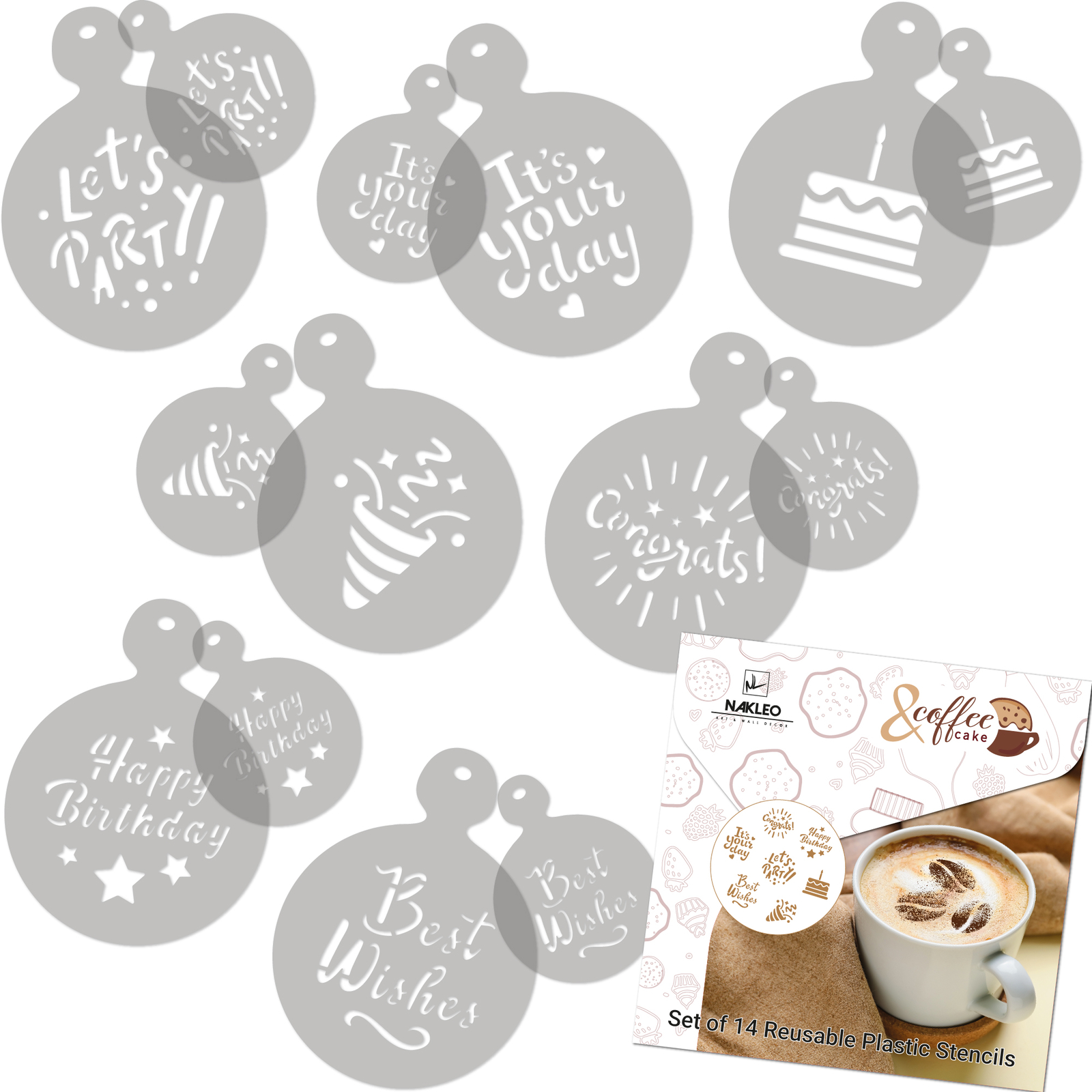 14 pcs Coffee and Cake Decorating Stencils // 11cm and 7cm // BIRTHDAY