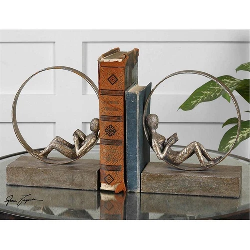 Uttermost Lounging Reader 2-Piece Metal MDF Bookend Set in Antiqued Silver/Gold - Picture 2 of 5