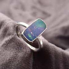 Australian Opal Doublet Ring, LR Black Opal Ring, 925 Sterling Silver 6.5US