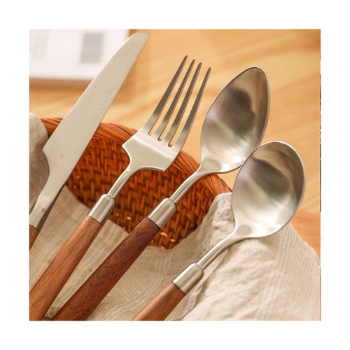 Wood Silverware Set for 4 Wooden Flatware Cutlery Utensils Set 18/10 Stainles... - Picture 4 of 9