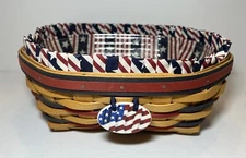 Longaberger 1999 All - American Blue Ribbon Bread Basket W/ Flag Tie On  & Liner