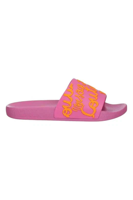 NWT VERSACE JEANS COUTURE FLAMINGO SLIDE SANDALS WITH LOGO PRINT 78VA3SQ1 71352
