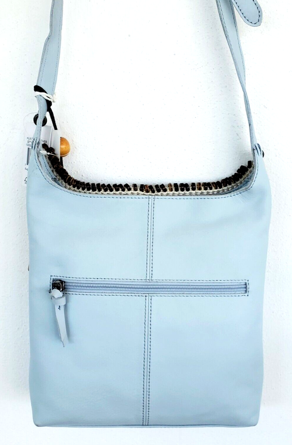 The Sak Huntley Artisanal Leather Soft Blue Crochet Trim Crossbody Bag
