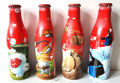 COCA COLA ALUMINIUM BOTTLES 2018 Belgium Happiness Factory SET of 4 Full Rare