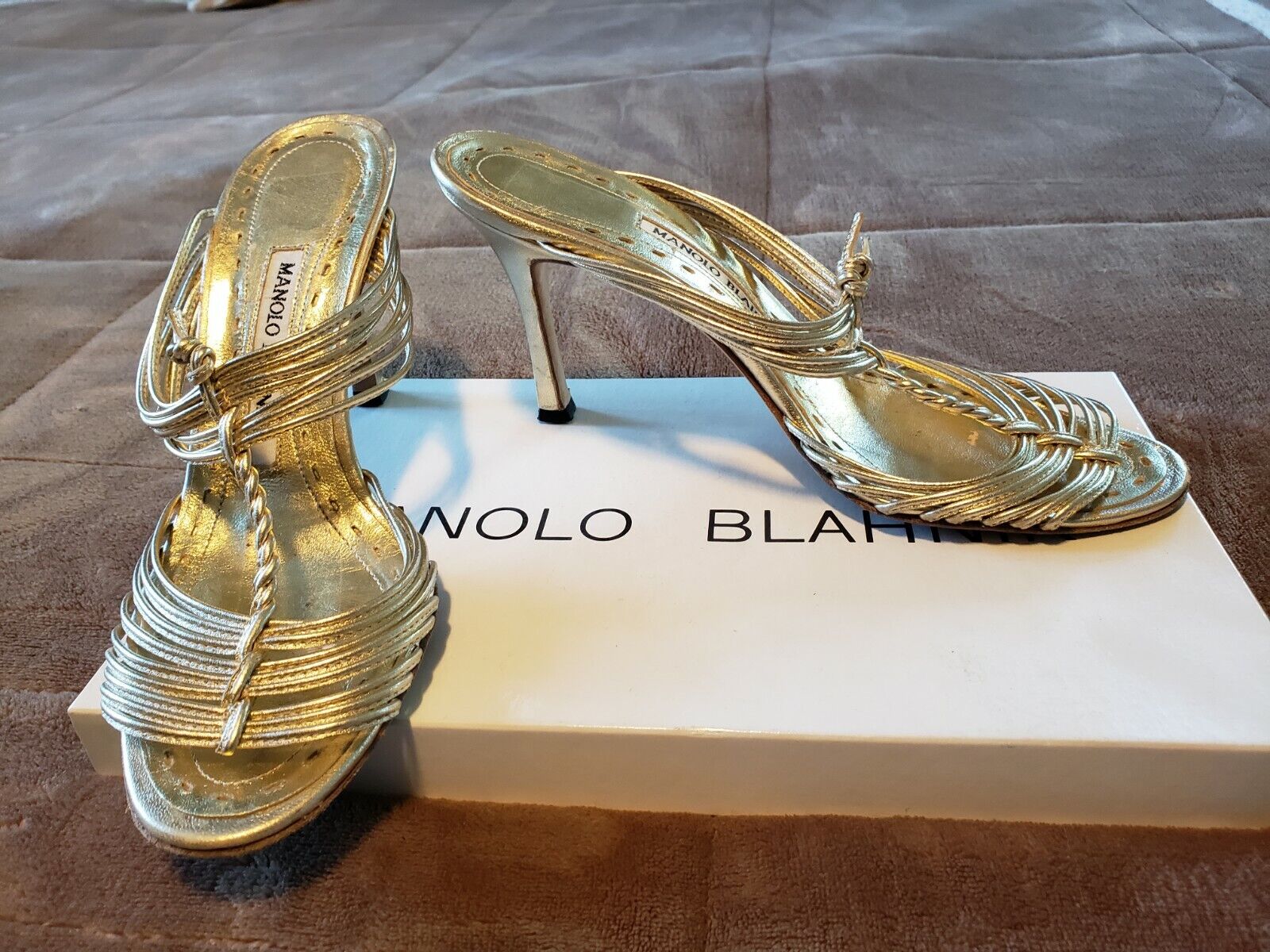 Manolo Tulsa Mall Blahnik Gold Leather Strappy Award Sandals Size Heels 37 Shoes