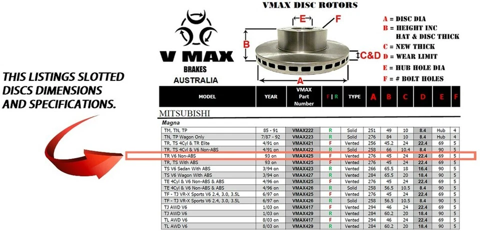 R SLOT fits MITSUBISHI Magna TR V6 Non-ABS 1993 Onwards FRONT Disc Rotors & PADS - image 2 of 4