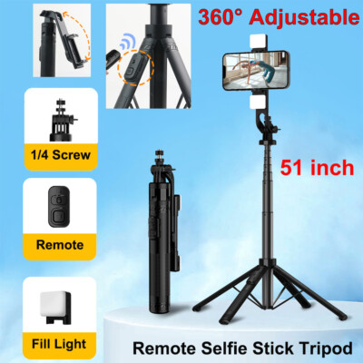 Selfie Stick Tripod with Bluetooth Remote Fill Light Portable for iPhone Android