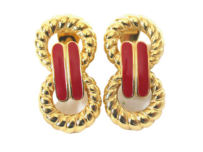 Vintage Monet Figure 8 Red Enamel Gold Tone Clip Earrings