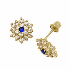 Blue Sapphire Birthstone  CZ Baby Girl Flower Stud Earrings 14K Yellow Gold