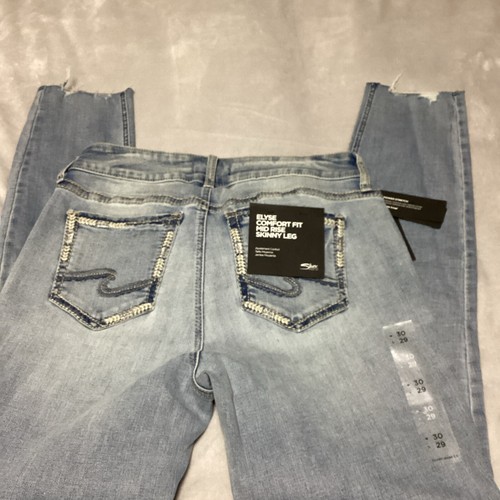 NUEVO Jeans ajustados plateados Elyse tiro medio para mujer 30x29 azul índigo lavado cómodos - Imagen 2 de 2