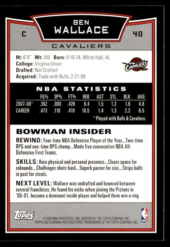 2008-09 Bowman Ben Wallace Cleveland Cavaliers #40 - Picture 2 of 2