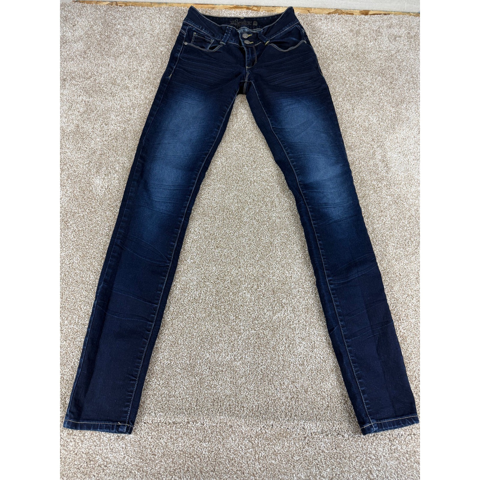 Revolt Womens Low Rise Skinny Jeans Dark Wash Whiskered Stretch 5 Y2K Streetwear