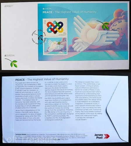 Jersey Stamps: Europa CEPT "Peace - Highest Value of Humanity" FDC 2v M/S 2023