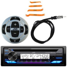 JVC Single DIN Marine Receiver W/Wired Remote, Antenna, Removal Pry Tool Set