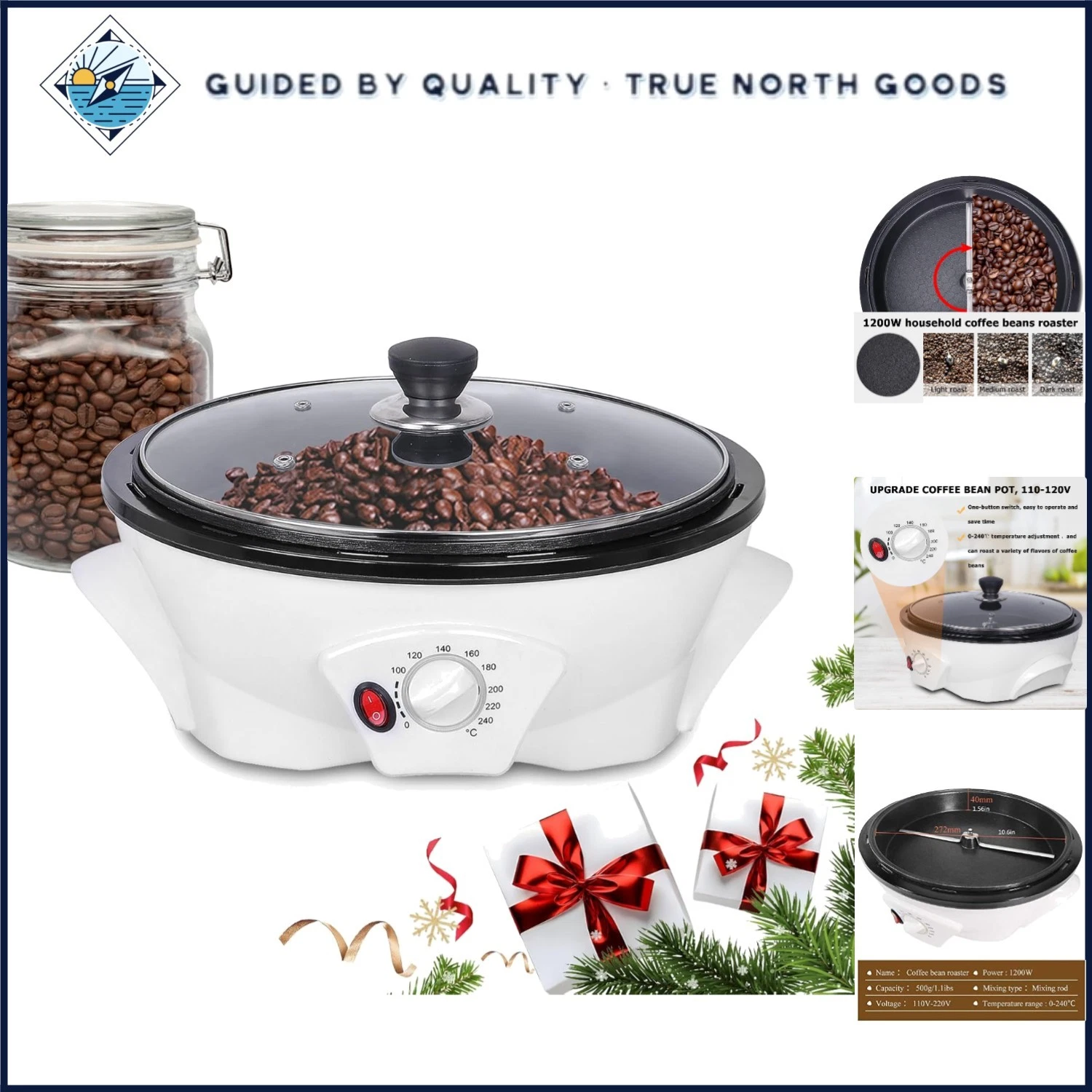 Electric Coffee Roaster Machine with Adjustable Temperature Control & Glass Lid