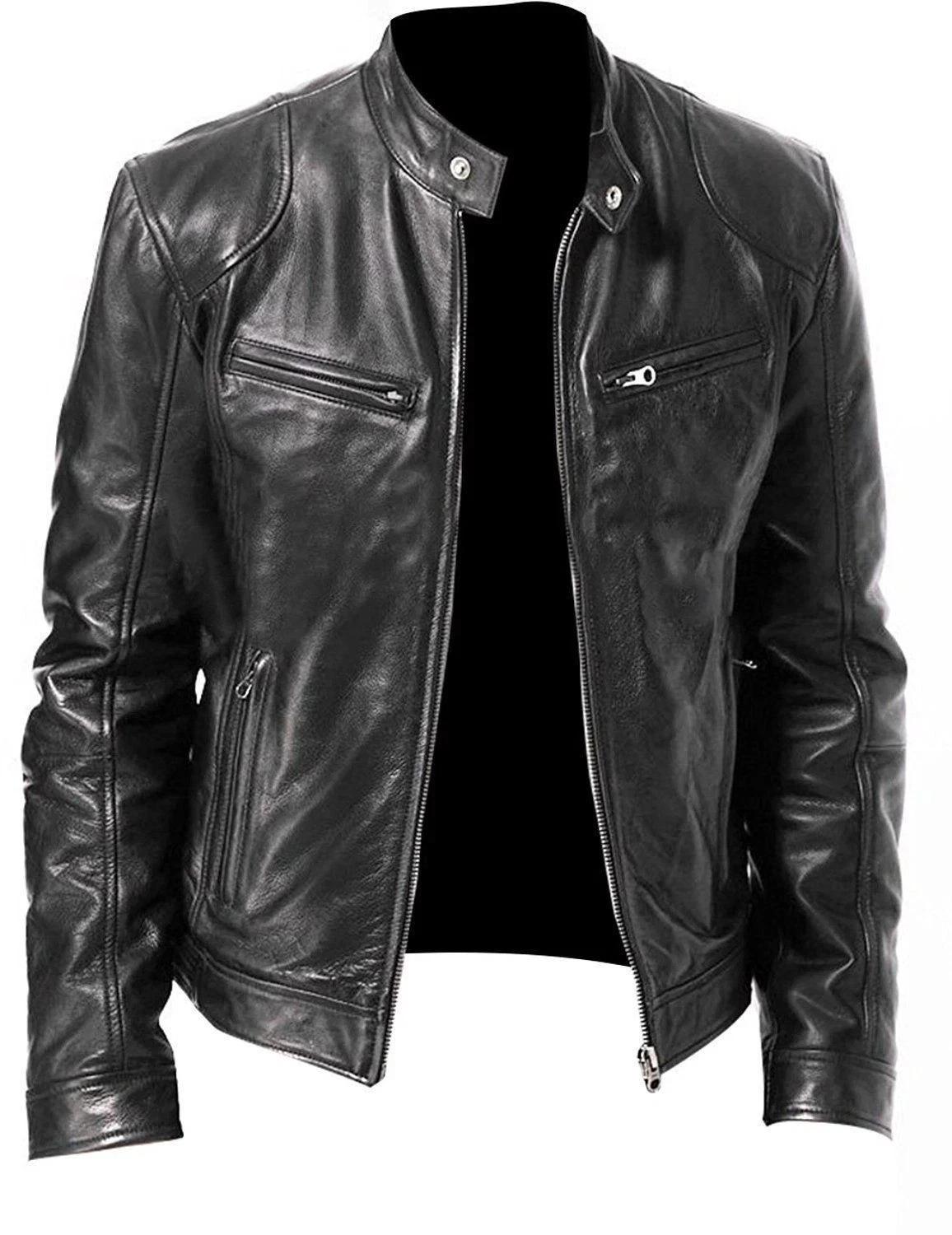 Men's Black Café Racer Jacket Retro Motorcycle Biker Style Real Leather Outfit