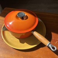 Vintage Le Creuset No 20 Cast Iron Saucepan Wooden Handle Volcanic Orange 20cm 