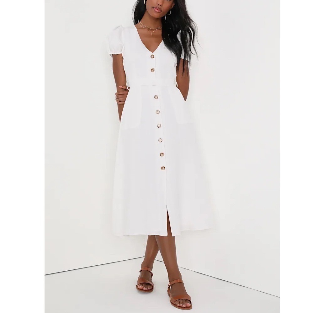 Lulus Sicily Sweetheart Midi Dress Womens Small White Button-Front Puff Sleeve