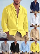 Men's solid color lapel cardigan linen blend loose casual long sleeved shirt