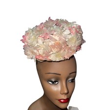 Vintage Pink Floral Pillbox Hat Mid Century Silk Flower Fascinator Wedding Hat