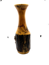 Hand Turned Burl Wood Bud Vase Signed Hickory McShards Rustic Bark Inclusions