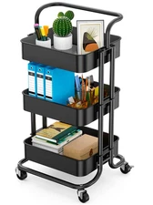 3-Tier Rolling Utility Cart with Lockable Wheels, Black Storage Trolley for Home
