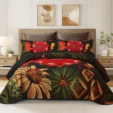 3 Piece Black Red Boho Floral Quilt Sets King Size Farmhouse Reversible Light...