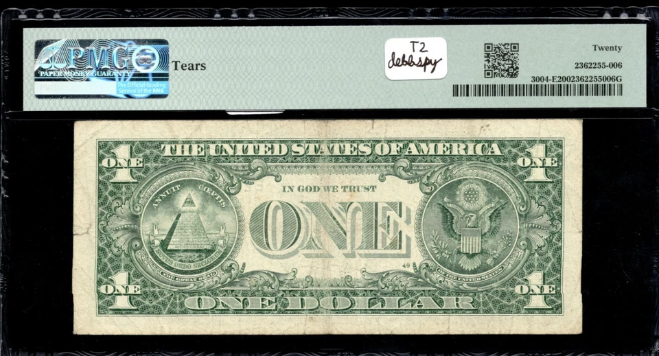 Solid 2s Richmond Federal Reserve Note One Dollar Bill EB Block PMG 20 FR 3004E - Image 2 of 2